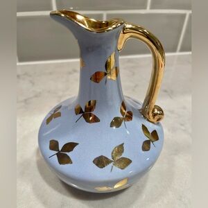 Vintage 1950s porcelin periwinkle blue vase with gold handle and leaves